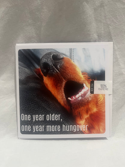 "One year more hungover" greetings card