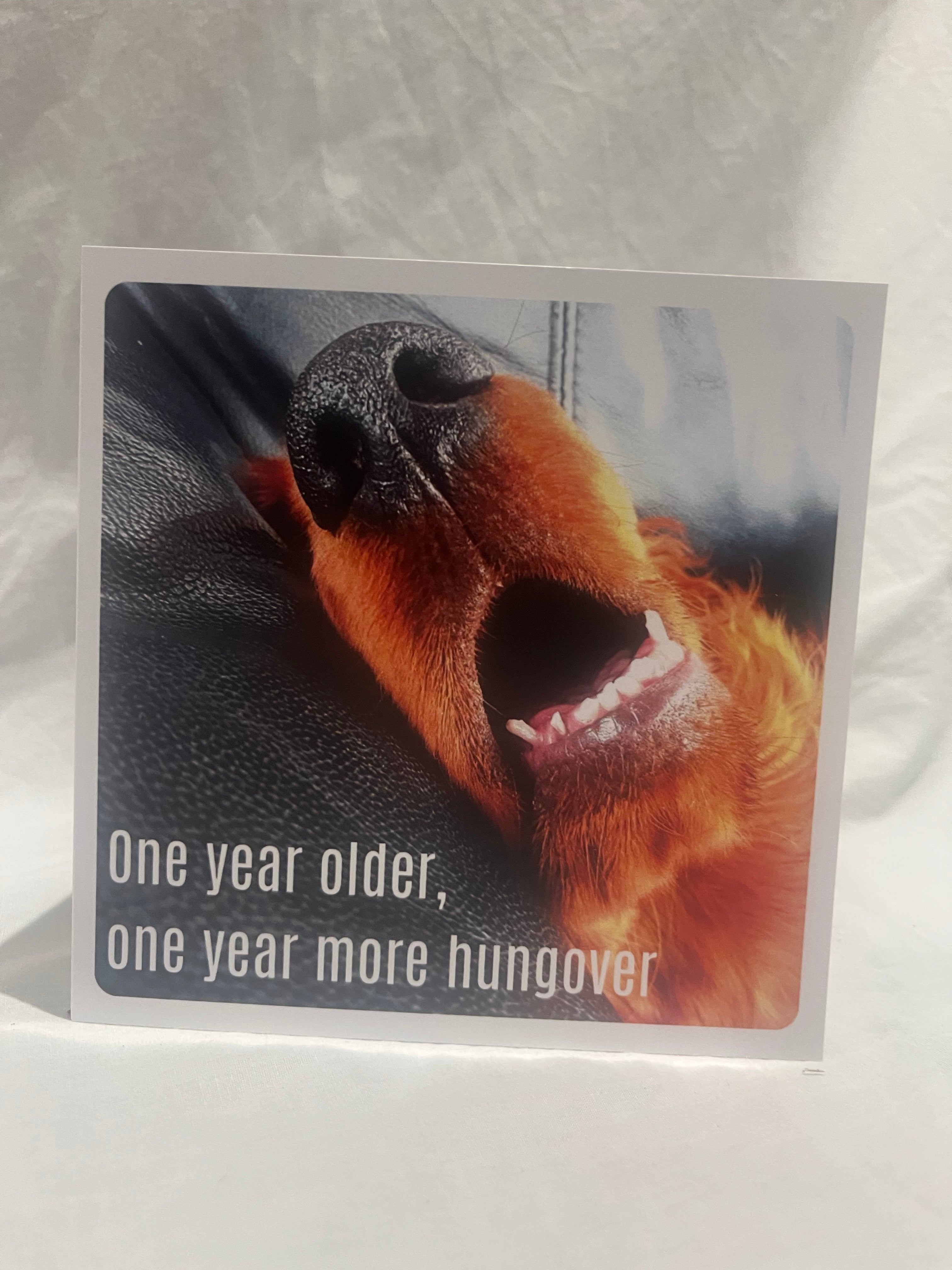 "One year more hungover" greetings card